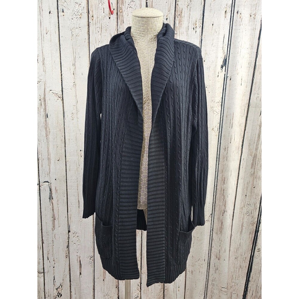Mel‎ & Lisa Black Ribbed Hooded Open Front Cardigan Sweater Women's L Long EUC